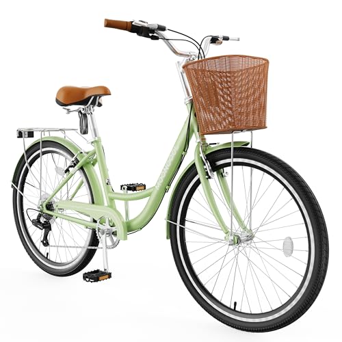 MOONCOOL Womens Bike 7 Speed, 24 26 inch Beach Cruiser Bikes for Women, Step Through Adult Bicycle with Front Basket for City Commuting