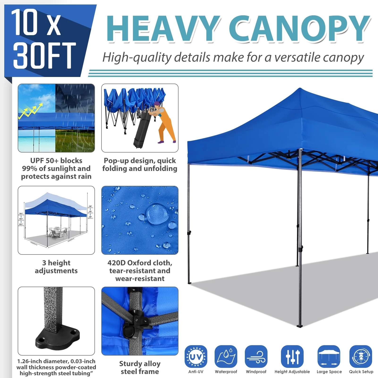 SANOPY 10x30 ft Pop up Outdoor Canopy Tent, Heavy Duty Canopy with 8 Wind Ropes, 3 Heigh Adjustable Gazebo Shelter with Wheeled Bag for Party