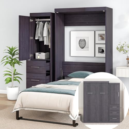 SOFTSEA Twin Murphy Bed Wood Wall Bed Can be Folded into Cabinet