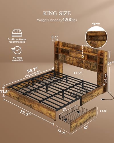 YITAHOME Queen Bed Frame with Bookcase Headboard and 4 Storage Drawers, RGB LED Bed Frame with Type-C & USB Charging Station Storage Headboard Bed