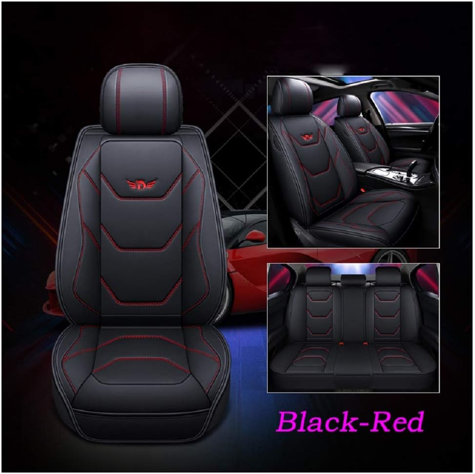 JOJOHON Luxury PU Leather Auto Car Seat Covers 5 Seats Full Set Universal Fit (Black-Red)