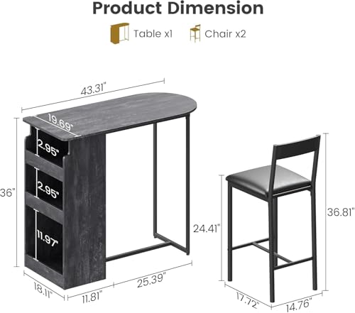 GAOMON Small Kitchen Table for 2, Stylish Bar Table and Chairs Set with Storage Shelves, Perfect for Breakfast Nook or Dining Area