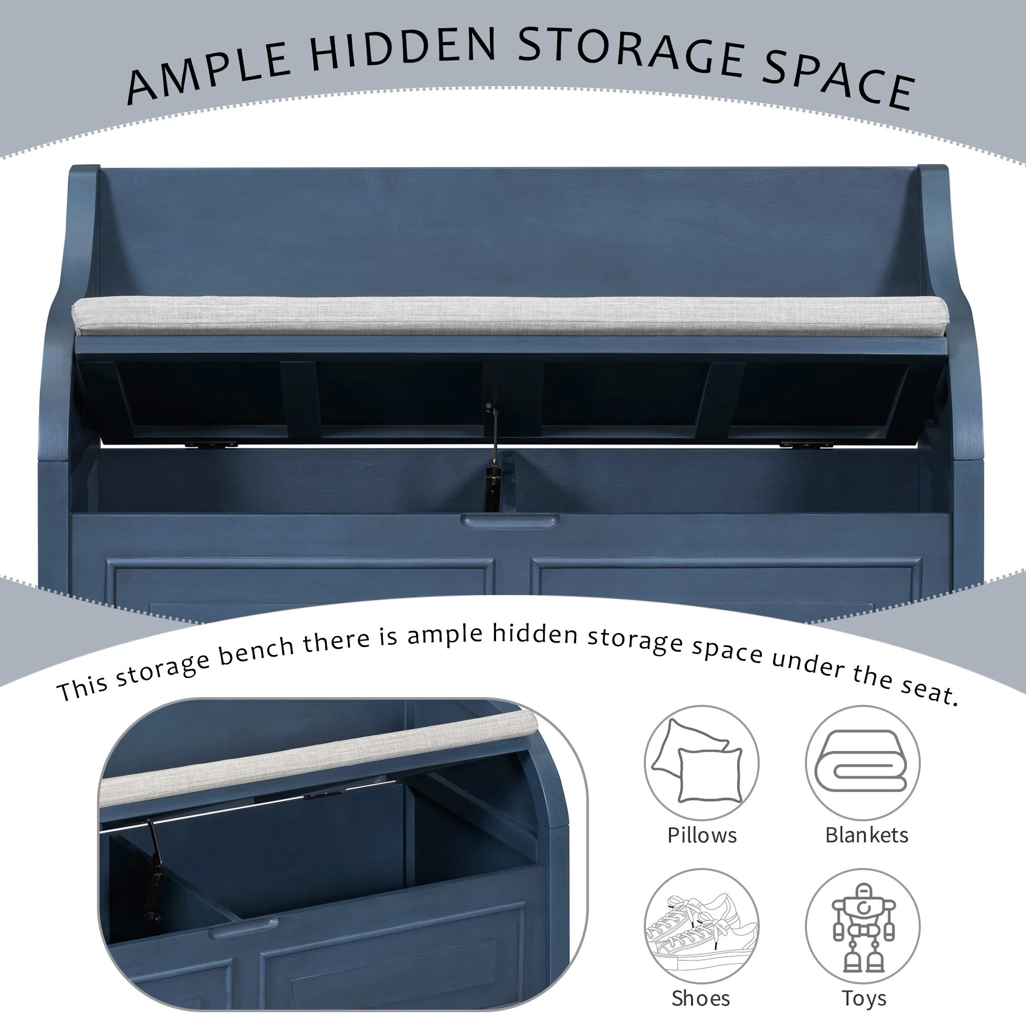 Atumon Storage Bench, Clamshell Entryway Bench, Shoe Bench with Hidden Storage, Wood Storage Cabinet with Removable Cushions and Backrest