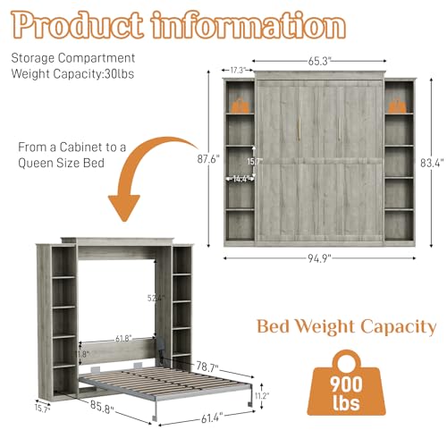 Queen Murphy Bed with Storage Bookcase & 4 Adjustable Shelves, Foldable Space-Saving Queen Wood Wall Bedframe with Metal Legs