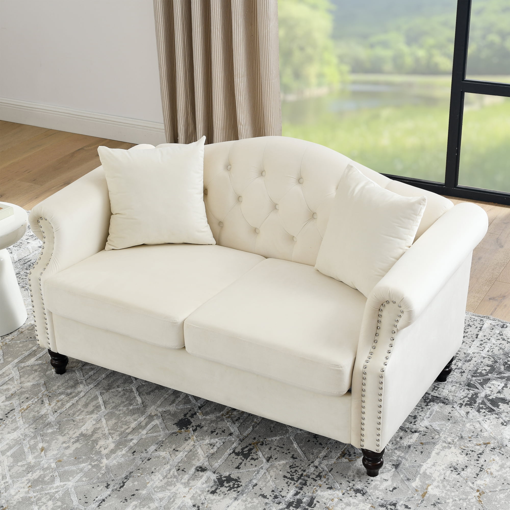 57" Chesterfield Sofa Grey Velvet for Living Room, 2 Seater Sofa Tufted Couch with Rolled Arms and Nailhead for Living Room, Bedroom, Office
