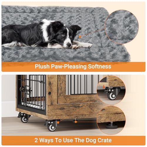Lulive Dog Crate Furniture for Medium Dogs, 32'' Dog Kennel Indoor with Cushion & Wheels Wooden Dog Cage Double Doors Dog Crate End Table, Grey
