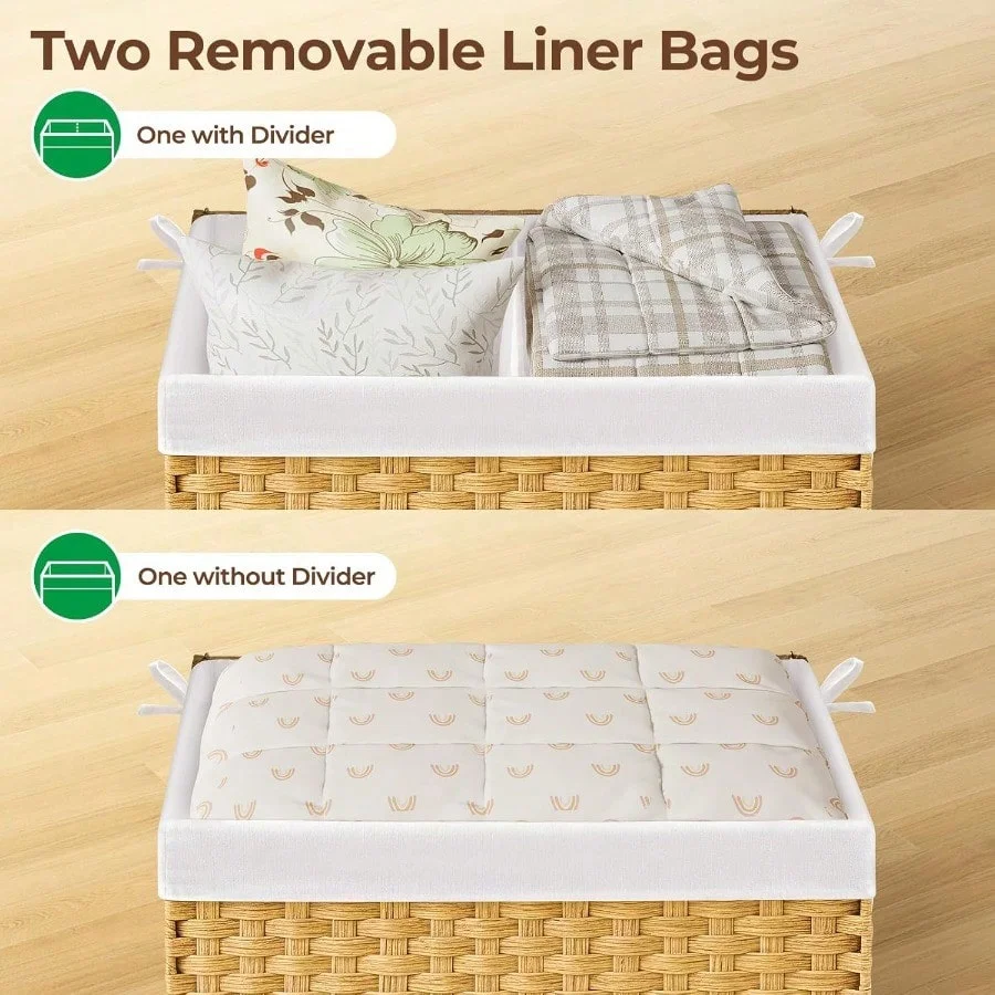 GREENSTELL Storage Basket with Lid 42.3 Gallon 160L Lagre Wicker Blanket Storage Basket with Handles Foldable 2 Removable Liner Bags Metal Frame for