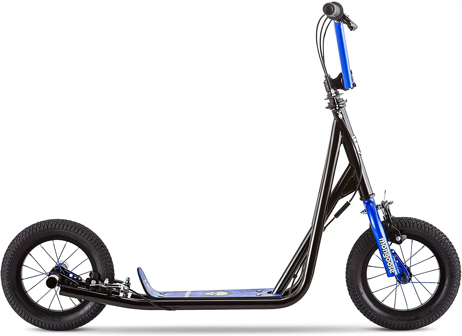 Mongoose Expo Youth Scooter, Front and Rear Caliper Brakes, Rear Axle Pegs, 12-Inch Inflatable Wheels, Black/Blue
