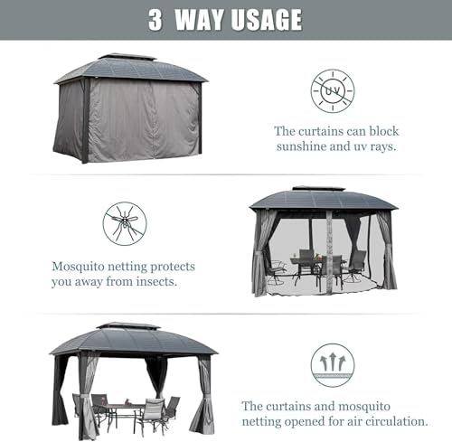 Domi 10’ x 10’ Hardtop Gazebo Metal Frame Canopy with Netting & Curtains