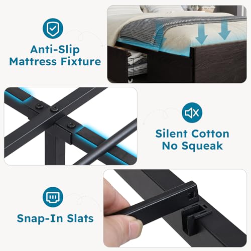 Full Size Bed Frame with Headboard, LED Platform Bed with 4 Storage Drawers, Built in Charging Station, Noise-Free, Metal Support Base