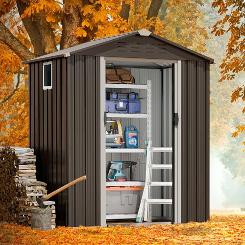 JYQAQA 5x3 FT Outdoor Garden Storage Shed, Waterproof Metal Garden Sheds with Window and Lockable Double Door