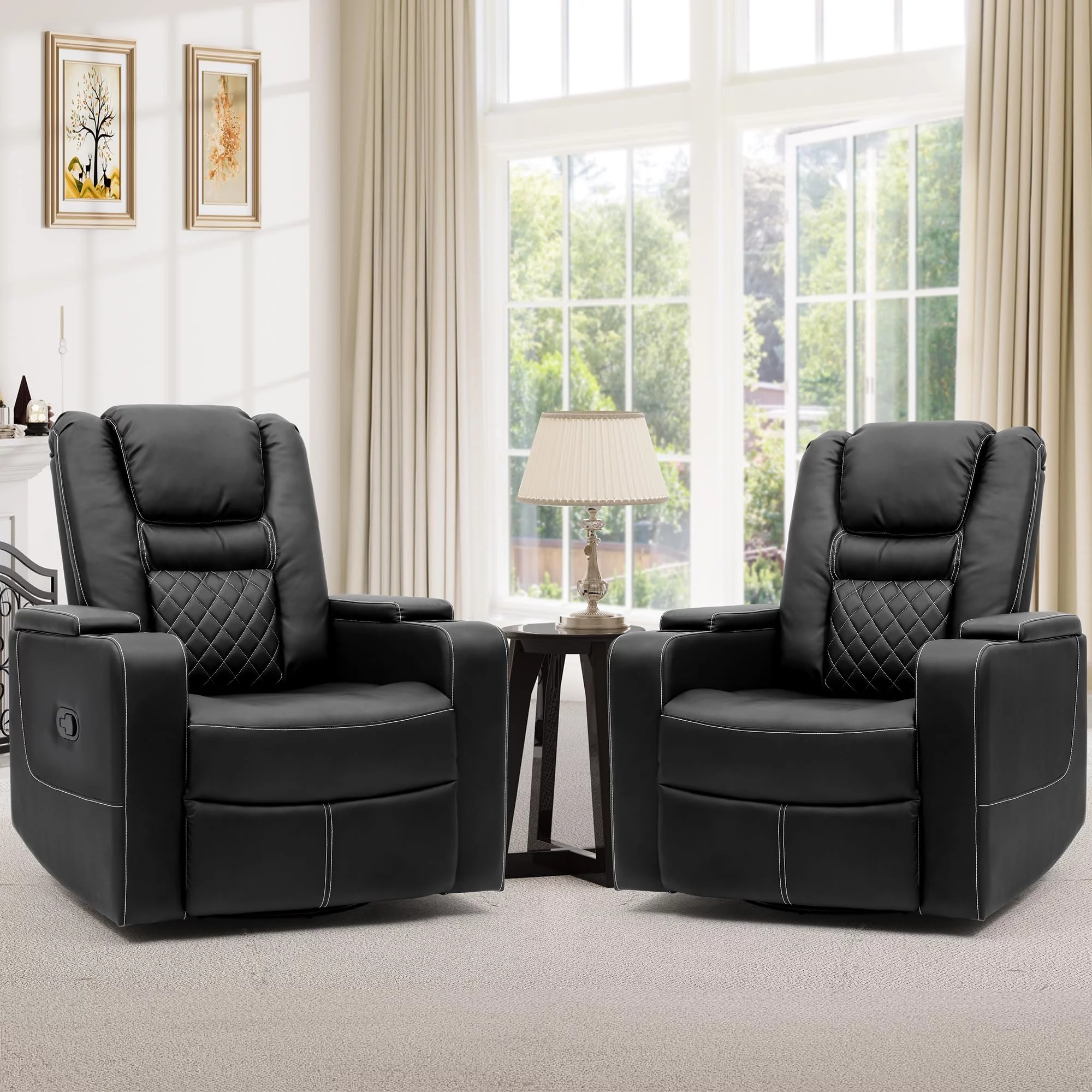 Dextrus Swivel Recliner with Flip Armrests, Manual Pull Loop, and Cup Holders, Soft Leather Recliner Glider for Home Theater - Black