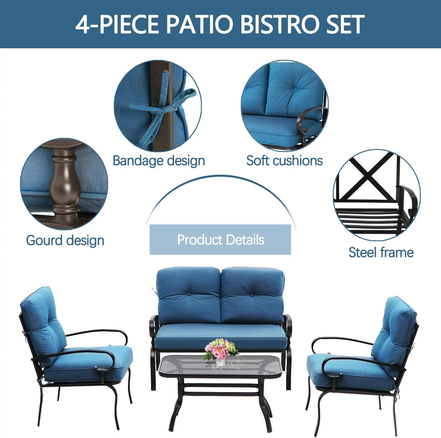 SOLAURA 4-Piece Outdoor Furniture Patio Metal Conversation Set with Peacock Blue Cushions