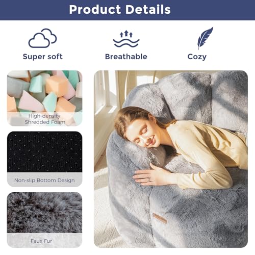 MAXYOYO Bean Bag Chair for Adults, Floral Shaped Bean Bag Sofa, Ultra Soft Faux Fur Floor Sofa, Large Reading Chair for Living Room Bedroom, Beige