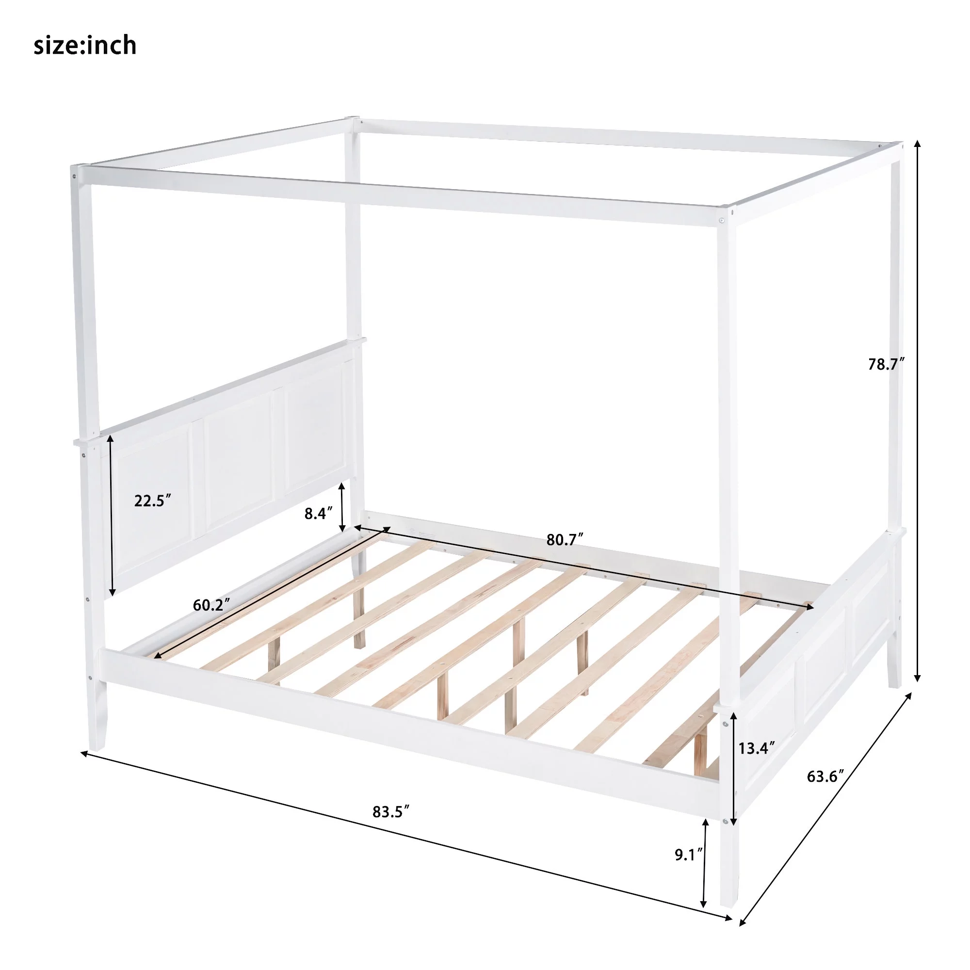 Euroco Wood Queen Size Canopy Platform Bed with Four Support Legs for Kids Teens Adults, White