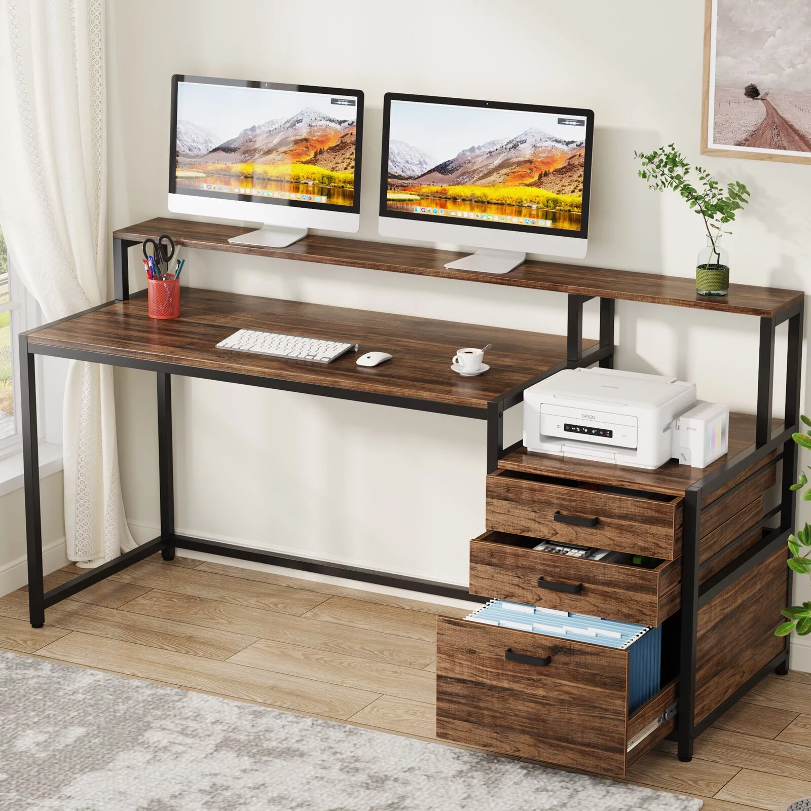 Tribesigns 63" Ergonomic Computer Desk with Monitor Stand and Drawers, Working Desk with Storage for Home Office, Rustic Brown