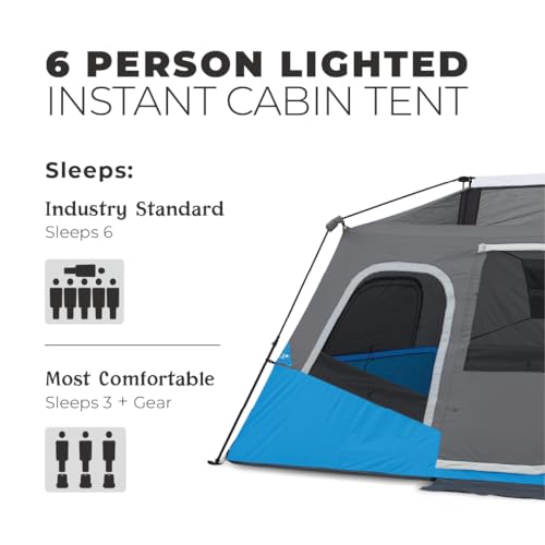 CORE Instant Cabin Tents with LED Lights | 6 Person / 9 Person / 12 Person Family Multi Room Lighted Pop Up Tents for Camping | Included Storage