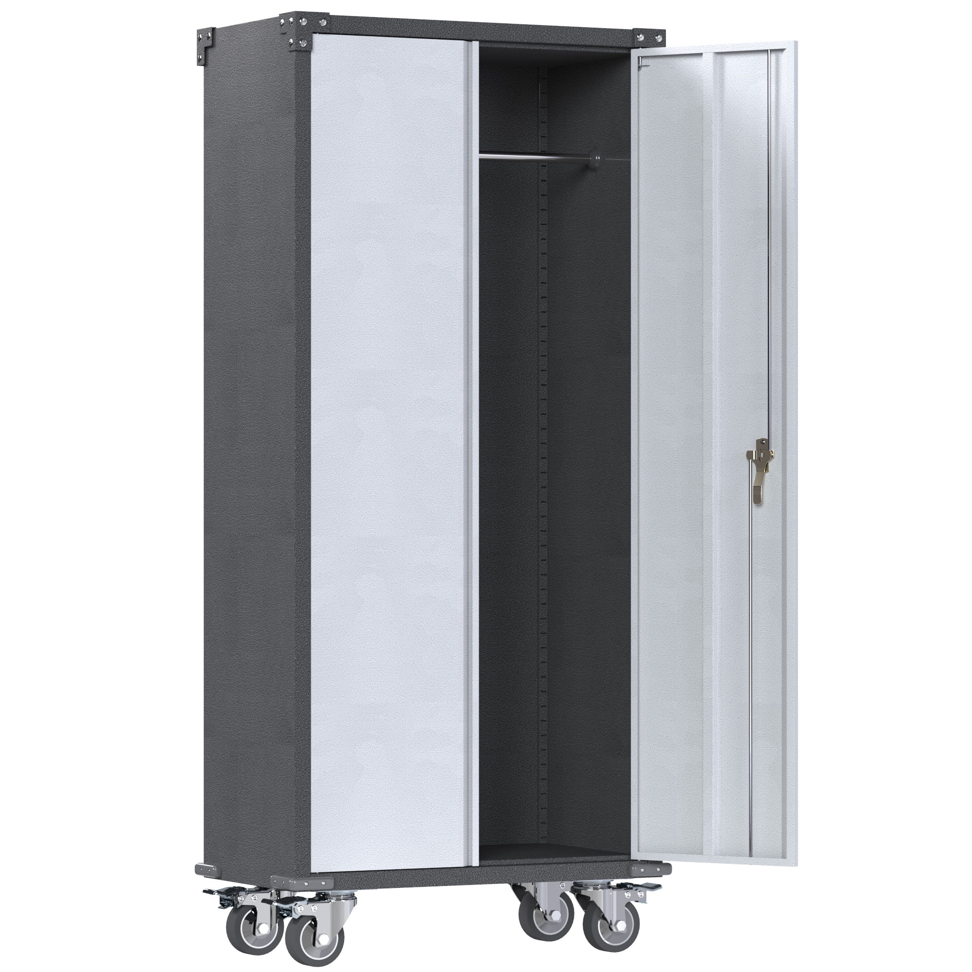 GangMei Metal Rolling Storage Cabinet with Hanging Rod, Large Steel Utility Tool Storage Cabinets with 2 Shelves & Locking Doors