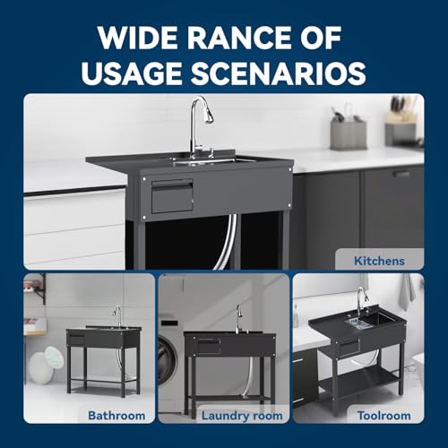 36" Stainless Steel Freestanding Utility Sink with Drawer, Laundry&Utility Room Sinks, Upgrades Faucet, Hoses and Drain Kit