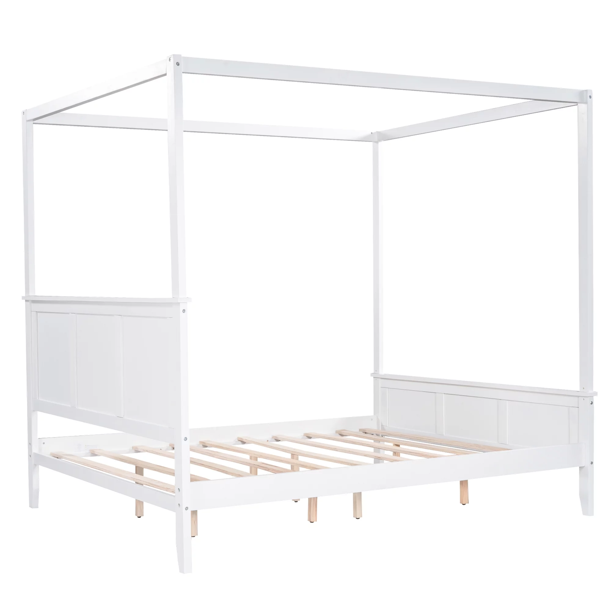 Euroco Wood Queen Size Canopy Platform Bed with Four Support Legs for Kids Teens Adults, White