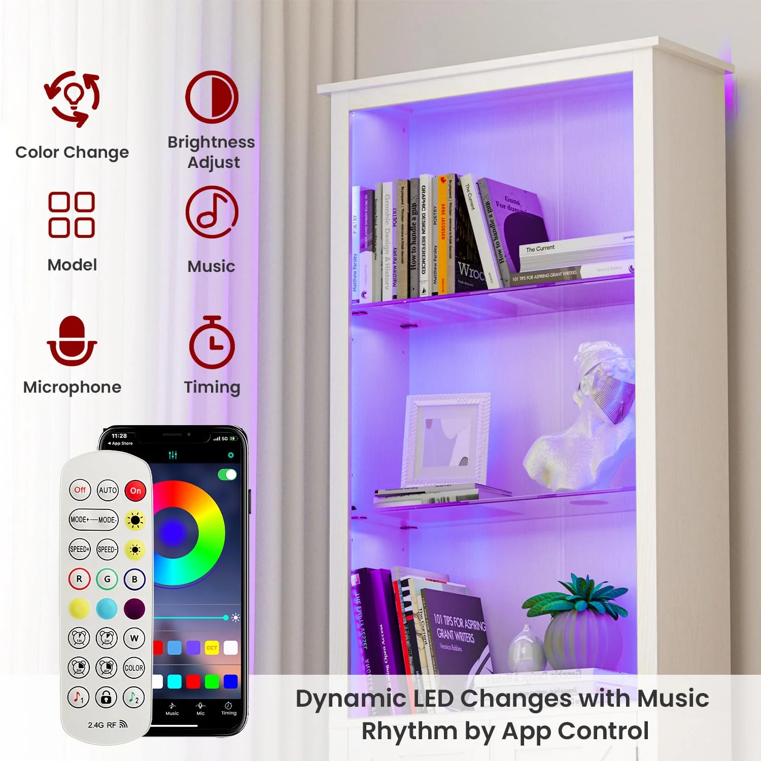LGHM Bookshelf with LED Light Strip, 70" Tall Sturdy Wood 5-Shelf Bookcase with Adjustable Tempered Glass Shelves, Doors for Home Office, Living Room