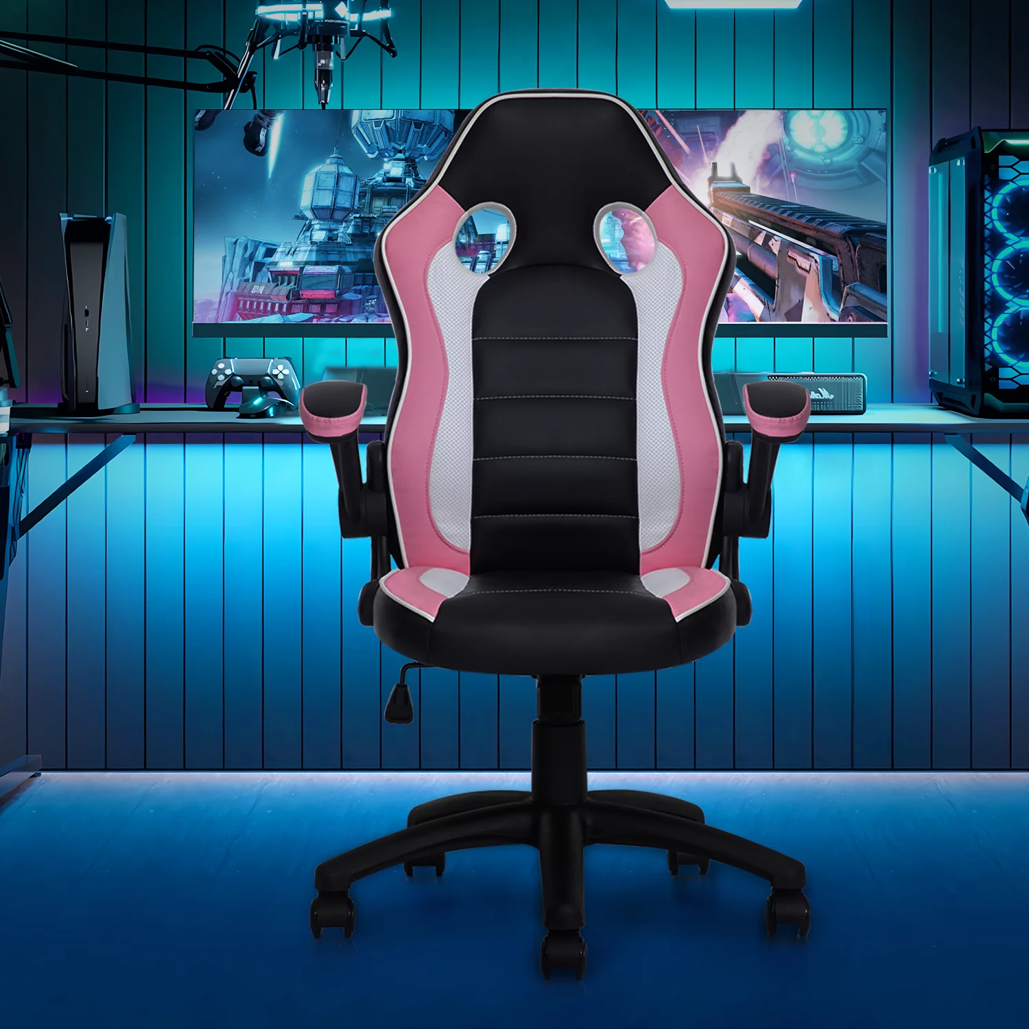 MoNiBloom PU Leather Computer Gaming Chair, with Flip-Up Arms Working Desk Office Seat, Black/Pink