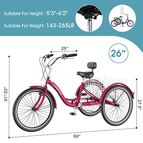 Adult Tricycles, 7 Speed Adult Trikes 20/24/26 inch 3 Wheel Bikes, Cruise Bike with Basket for Seniors, Women, Men for Recreation, Shopping, Exercise