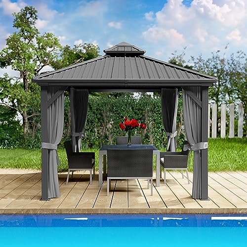 Kozyard Caesar 10'x10' Hardtop Gazebo - Permanent Metal Pavilion with Netting and Shaded Curtains for Patio, Backyard, and Deck