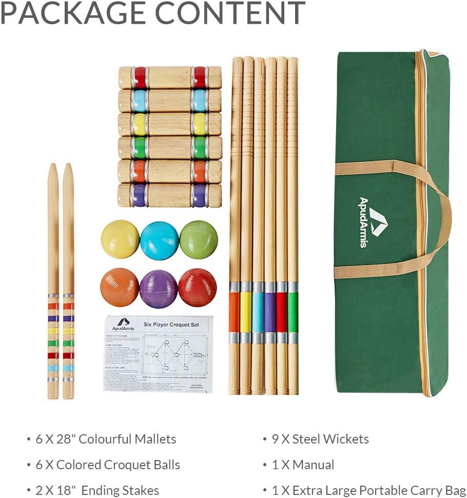 ApudArmis Six Player Croquet Set with Premiun Rubber Wooden Mallets 28In,Colored Ball,Wickets,Stakes