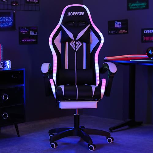 HOFFREE RGB Gaming Chair with Speakers Massage Computer Gaming Chair with LED Lights and Footrest High Back Video Game Chair for Adults Blue and Black