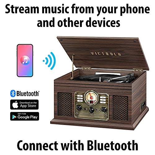 Victrola The Quincy 6-in-1 Bluetooth Record Player & Multimedia Center with Built-in Speakers &ndash; 3-Speed Turntable, CD & Cassette Player