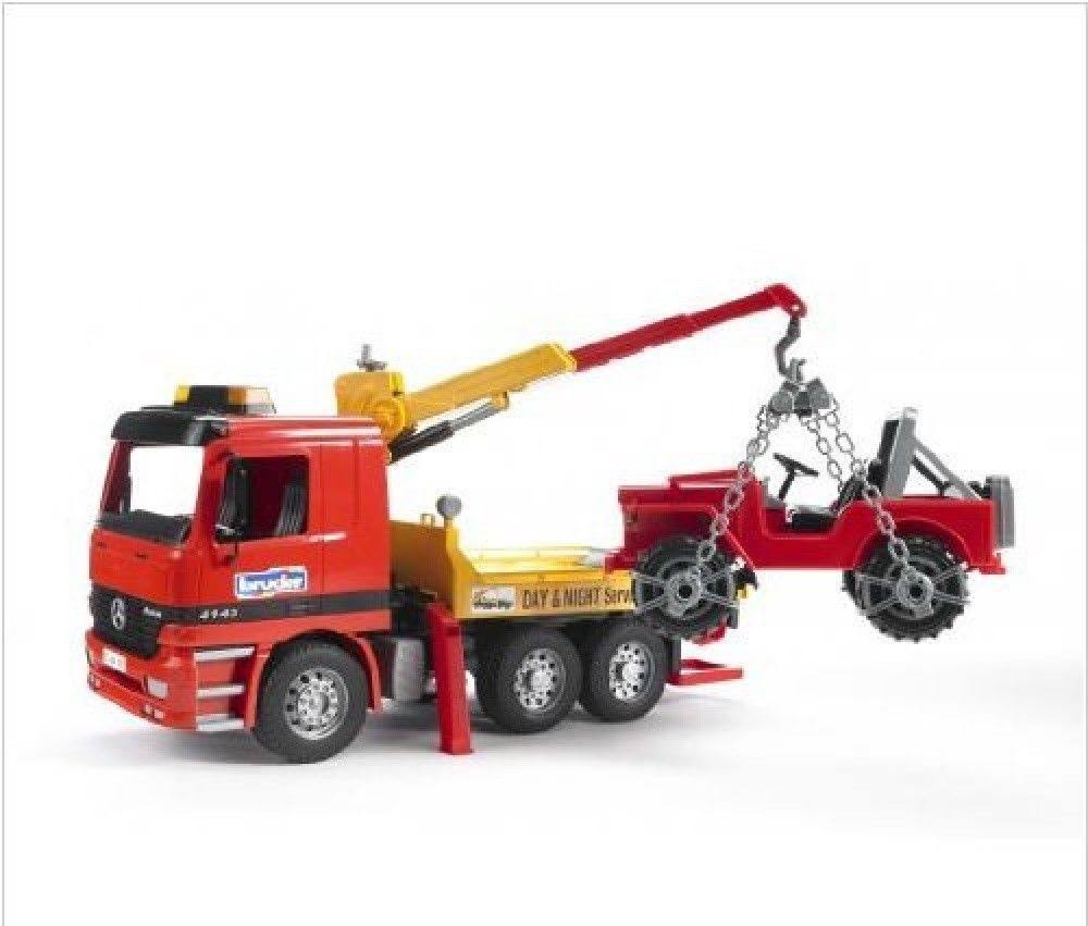 Bruder Action Vehicle Tow Truck Carrying Jeep with Crane and Accessories