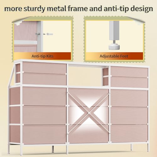 55" W Dresser for Bedroom, Dressers & Chests of Drawers with 13 Fabric Drawers and 2 Open Shelves, Long Vanity Dressers for Bedroom & Closet