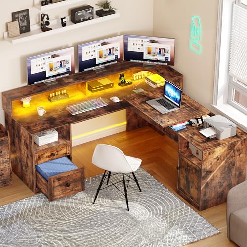 YITAHOME L Shaped Desk with Power Outlets & LED Lights, 60” Computer Desk with Drawers & Lift Top, Home Office Desk with Monitor Stand