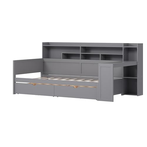 Corner Twin Bed Frame with Bookcase Storage and Desk, Wood Day Beds with 2 Drawers, Twin Size Daybed with Storage for Living Room