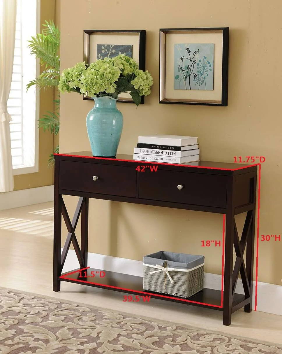 Kings Brand Furniture Wood Console Entryway Table with 2 Drawers & Lower Shelf, X-Style, Cherry