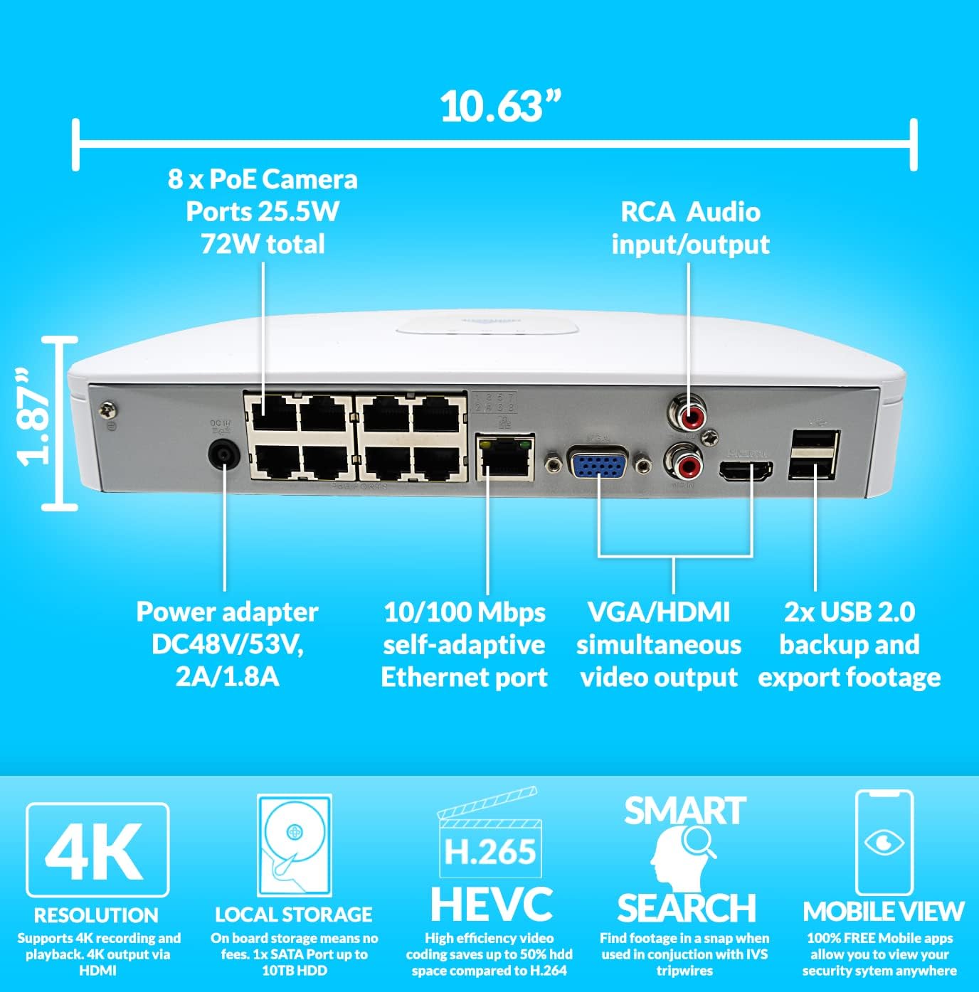 4K IP Security Camera System w/ 4K (8MP) 8ch POE NVR, 8 4K 8 Megapixel Bullet Cameras, Metal IP67 Weatherproof POE IP Cameras