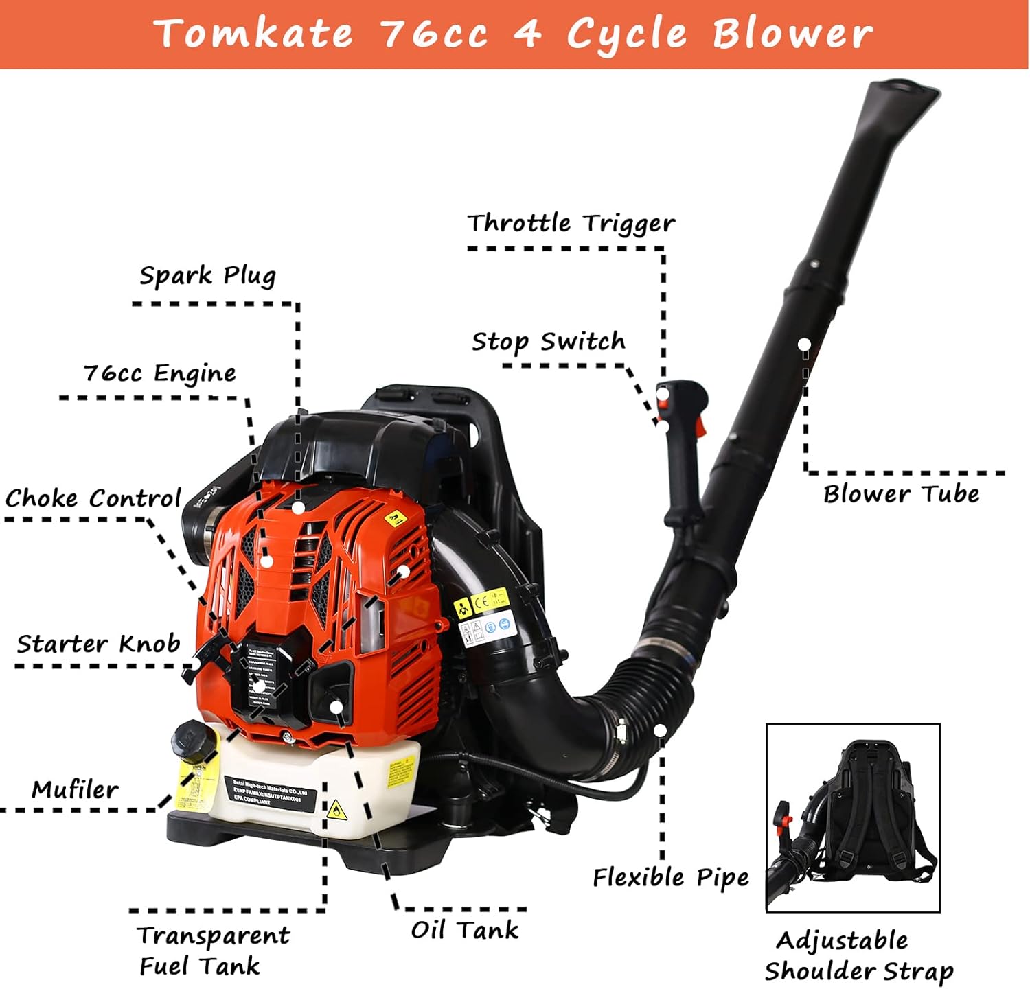 Backpack Leaf Blower, 76cc 4-Cycle Gas Leaf Blower, 530CFM 248MPH Cordless Handheld Leaf Blower with Nozzle Extension for Lawn Care
