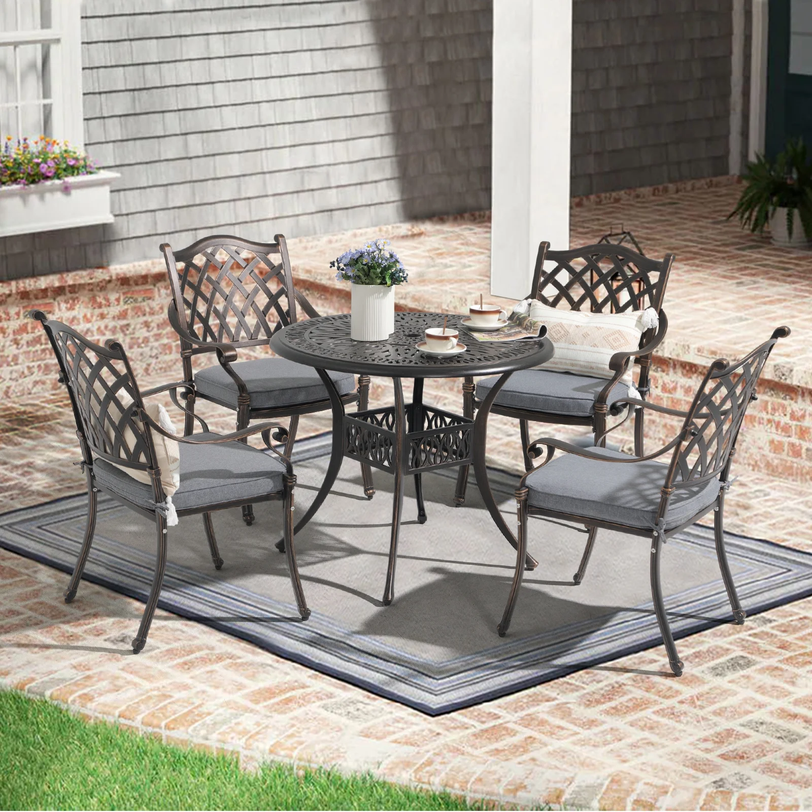 5 Piece Patio Dining Set, Rust-Resistant Cast Aluminum Patio Conversation Set, Outdoor Furniture Patio Table and Cushioned Chairs with Umbrella Hole