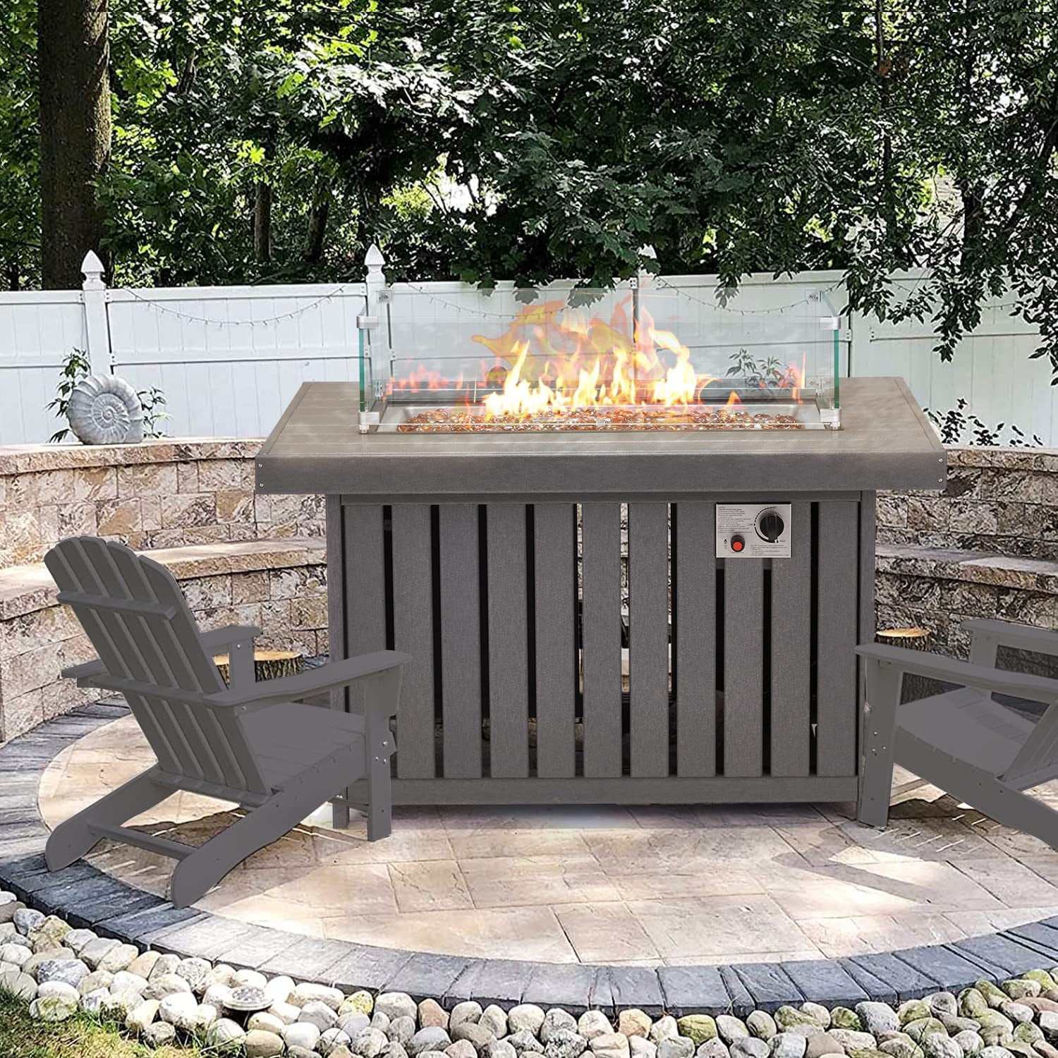 Erommy 43 Inch HDPE Propane Fire Pit Table, 50000 BTU Fire Pits with Lid and Fire Glass, for Deck, Outside Paito, CSA Certification, Gray