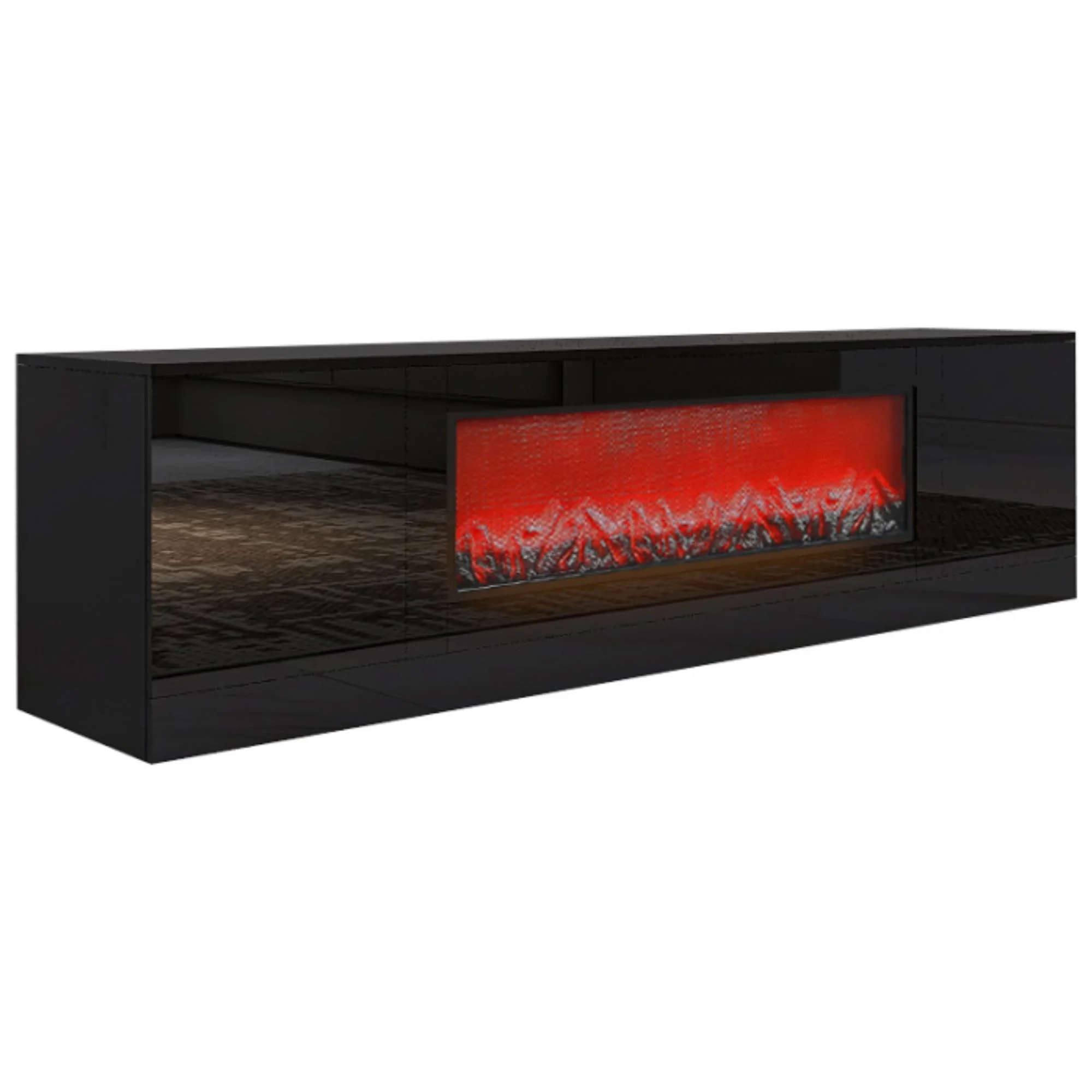 Modern Black Electric Fireplace TV Stand - Wood Texture, High Glossy Surface - No Heating, Removable Partition (1 Box)