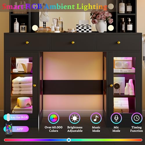 Makeup Vanity Desk with Mirror and Lights, White Vanity with Glass Top, LED Lights & Power Outlet, 3 Drawers & 2 RGB Glass Cabinets