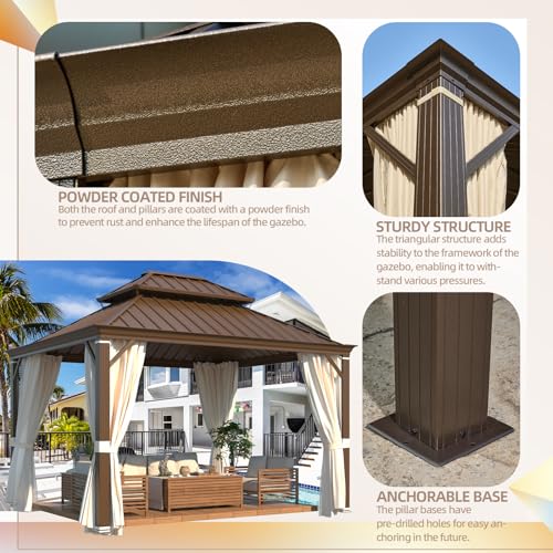 YOLENY 10' x 12' Hardtop Gazebo, Metal Gazebo with Aluminum Frame, Double Galvanized Steel Roof, Curtains and Netting Included