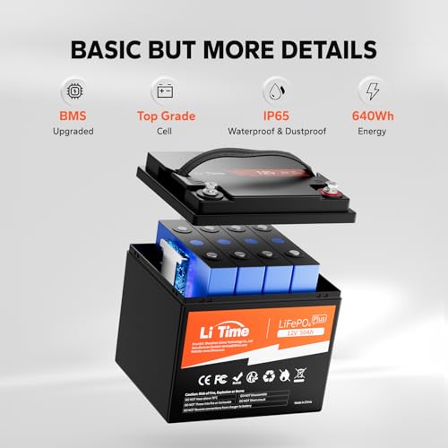 LiTime 12V 50Ah Lithium LiFePO4 Battery Built in BMS, 10 Years Lifetime 4000+ Cycles Output Power 640W, Perfect for Boat Marine Trolling motor Camping