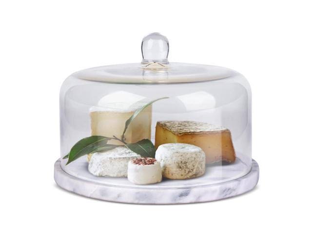 CE Compass Marble Cake Stand Base w/ Roomy Glass Cover Dome, Multifunctional Serving Platter, Cutting Board Slab, for Baker Past