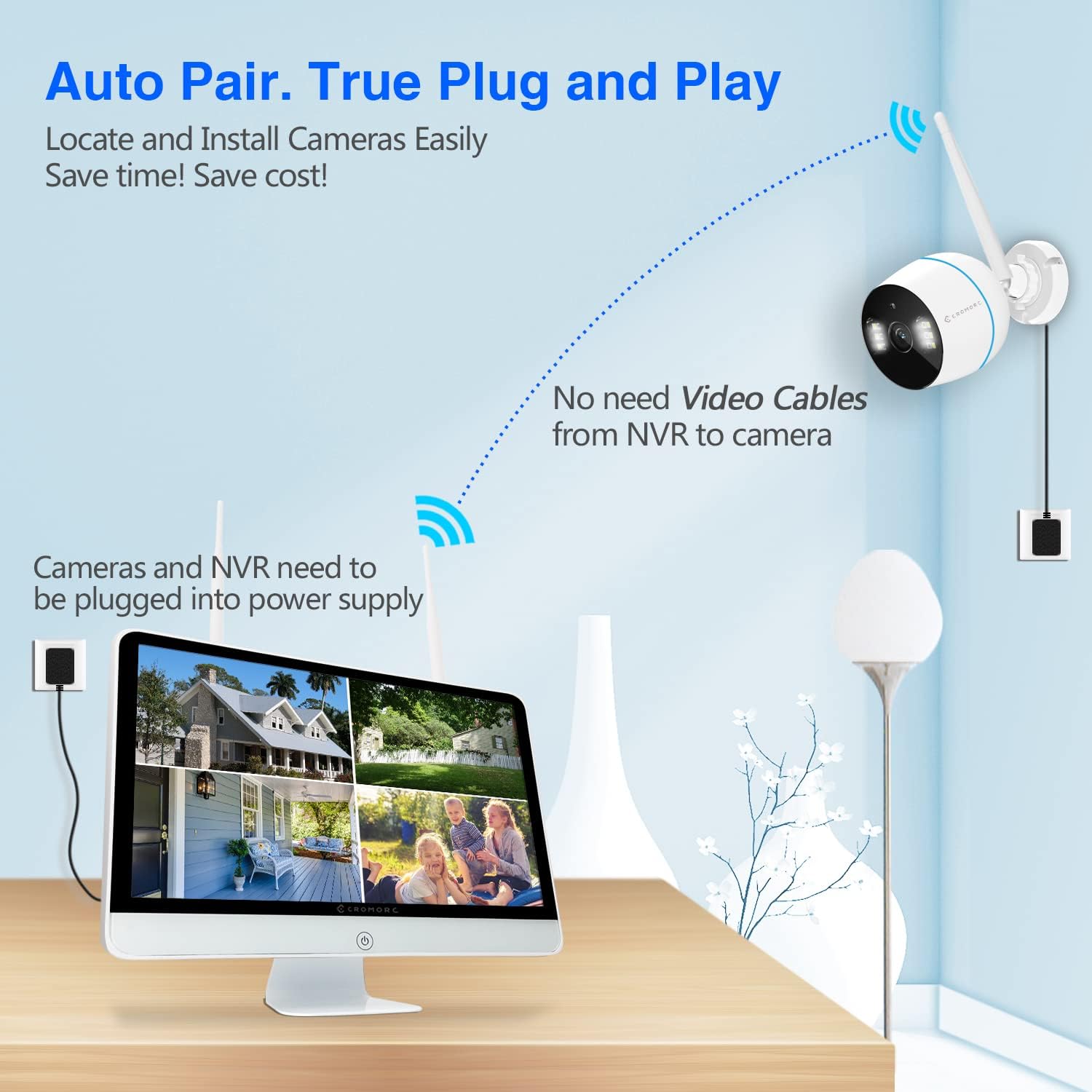 Cromorc All-in-one Wireless Security Camera System with 15.6 IPS Monitor, AI Human Detection, Floodlight,Siren Alarm, 2-Way Audio,4PCS 3MP Camera