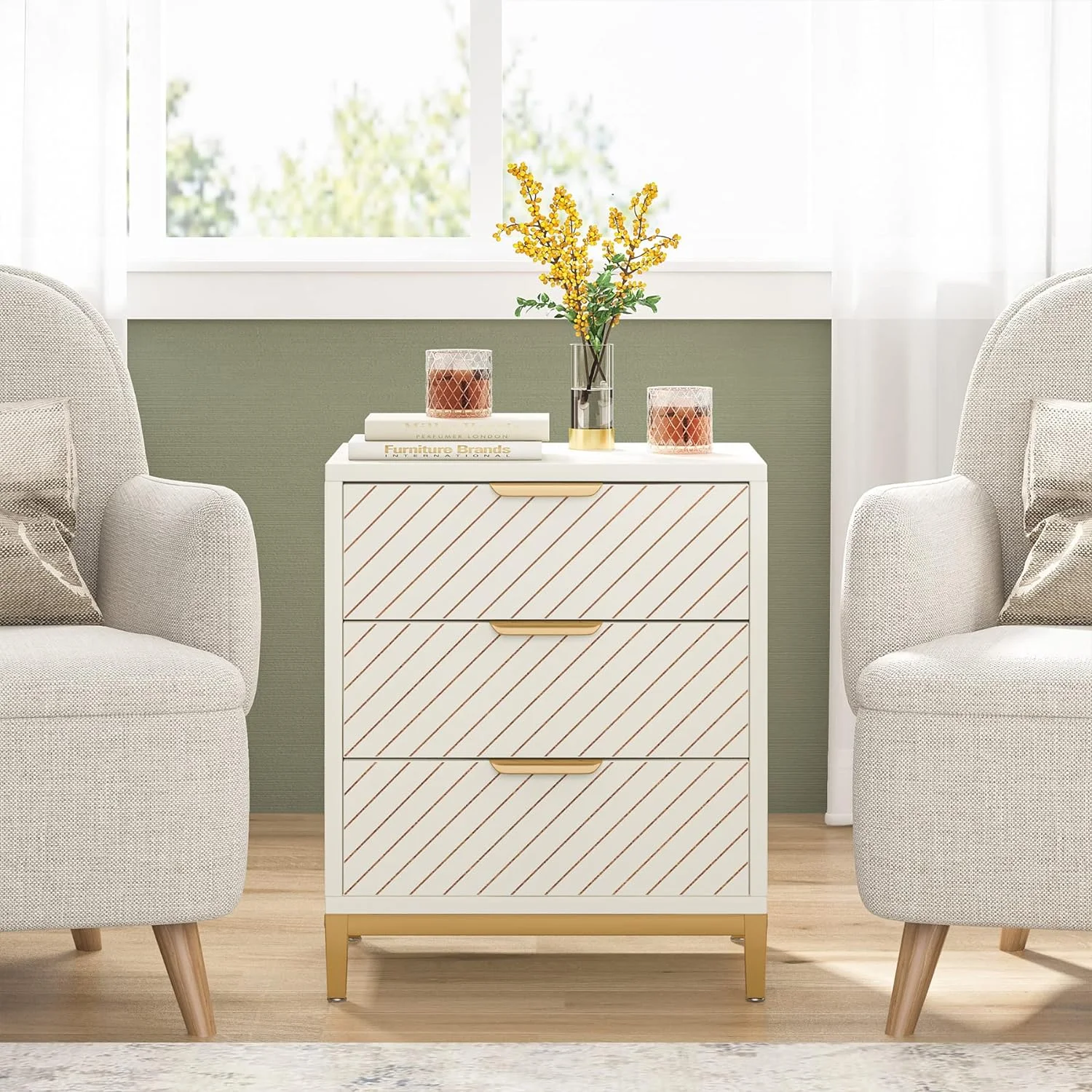 Tribesigns 3 Drawers Night Stands for Bedrooms, Light Wood Grain Nightstands, Bedside End Tables Storage for Living Room (1pc, White & Gold)