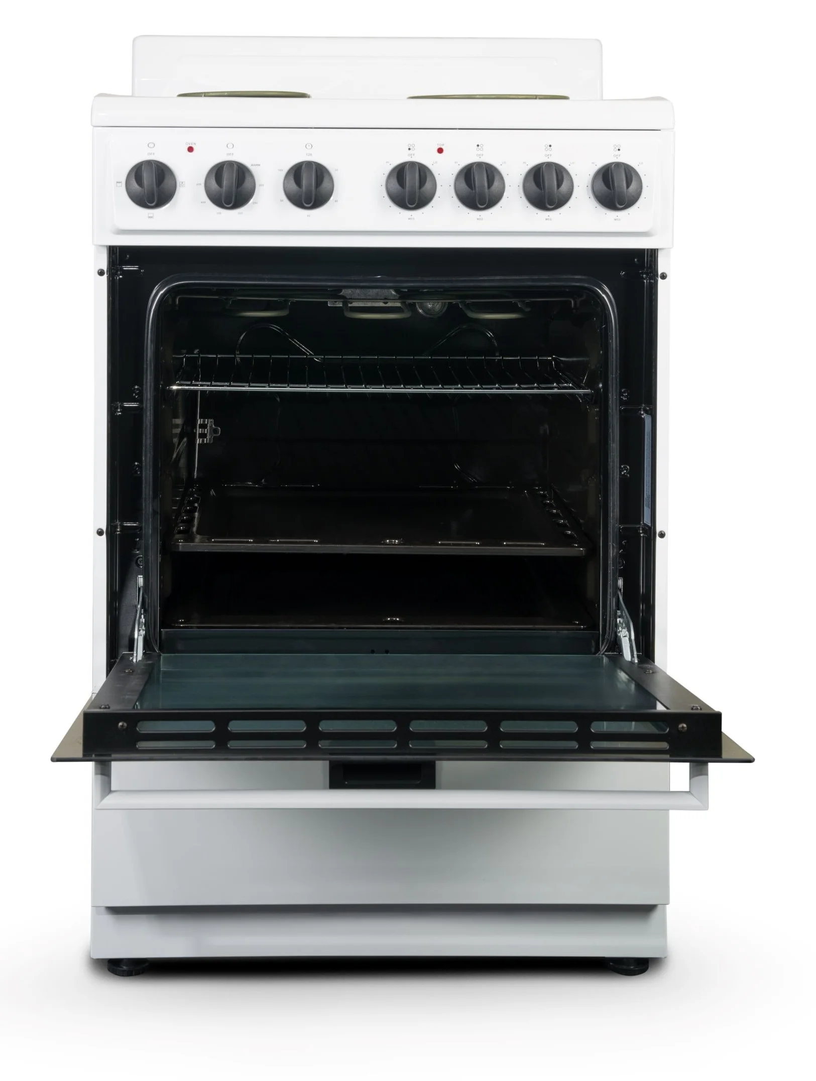 Premium Levella 24 in. 2.7 cu. ft. Single Oven Electric Range with 4 Burners and Storage Drawer in White