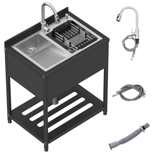 Stainless Steel Utility Sink, 30.8" × 22" × 39.5"Freestanding Sink with Cold and Hot Water Faucet,Hoses and Drain Kit for Kitchens, Bathrooms, Garage