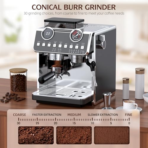 Espresso Machine with Grinder, 20 Bar Pressure Professional Espresso Maker with 30 Grinding Settings, 58mm Portafilte